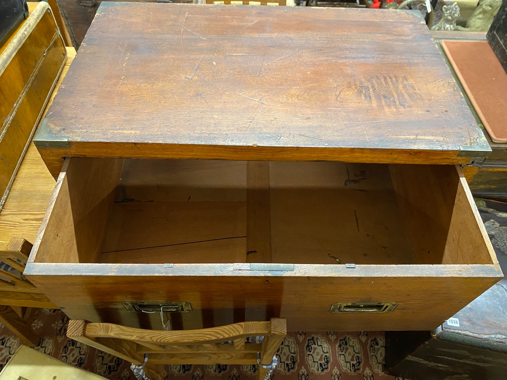 A military style brass mounted teak campaign chest section, width 85cm, depth 53cm, height 36cm